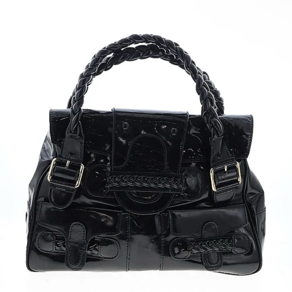 Valentino Garavani Glossy Black Satchel patent leather Histoire handbag braided